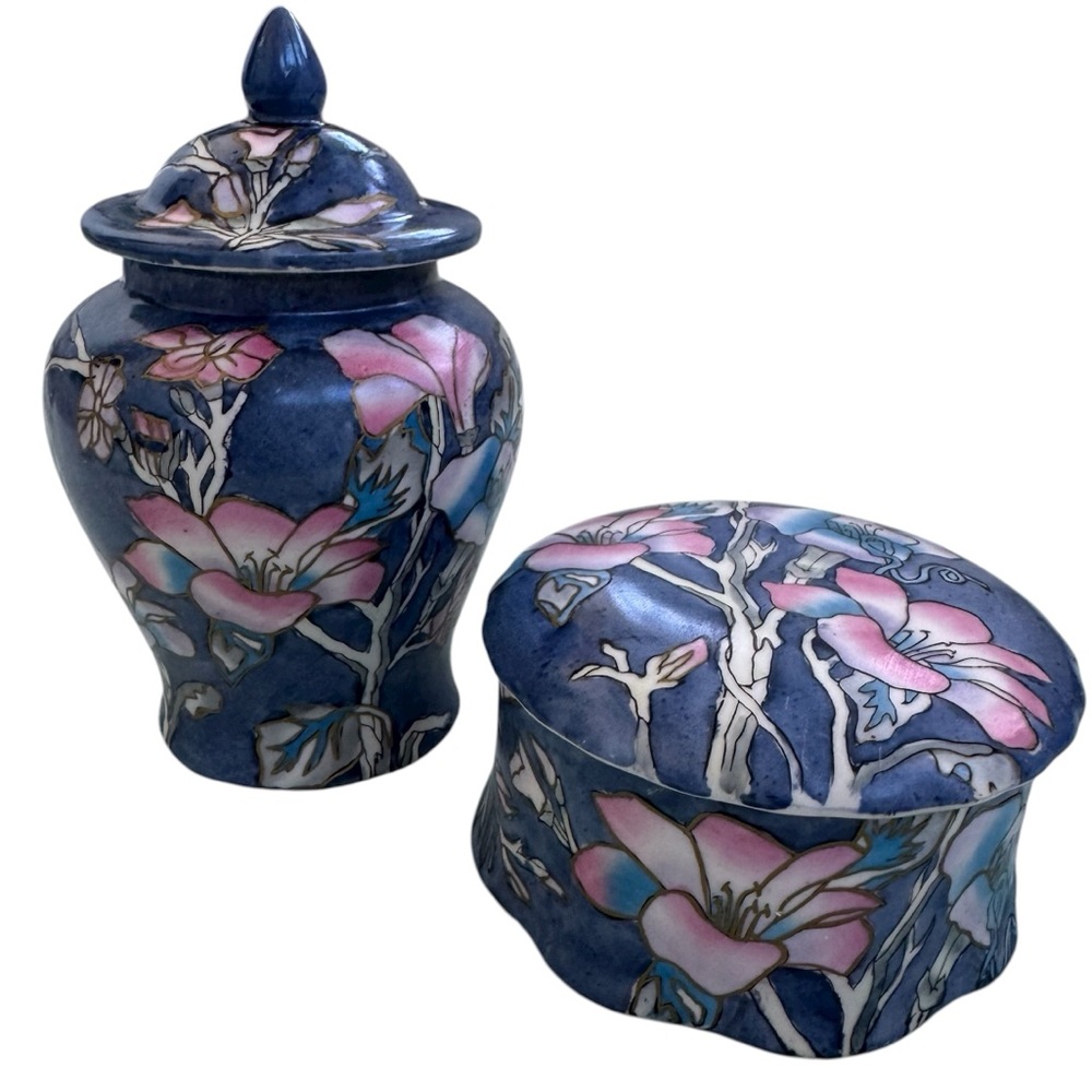 Set of Vintage Chinese Decorative Ceramics. Hand Painted Floral Design.